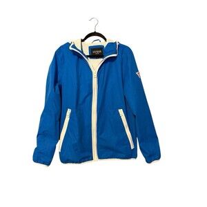 Guess Windbreaker Jacket Size M Blue White Zippered Pockets Hood